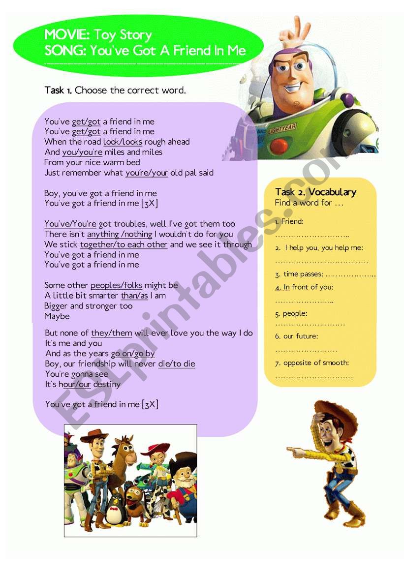 Lyrics Exercises Toy Story You Ve Got A Friend In Me Esl Worksheet By Kisdobos