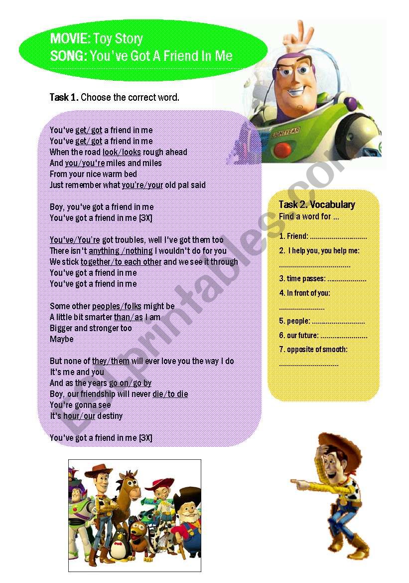 Lyrics Exercises Toy Story You Ve Got A Friend In Me Esl Worksheet By Kisdobos