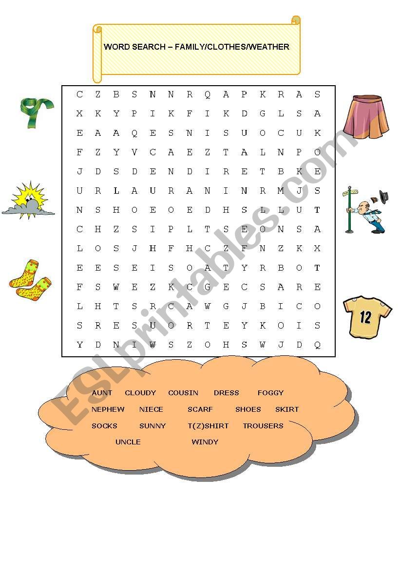 WORD SEARCH:  FAMILY/CLOTHES/WEATHER
