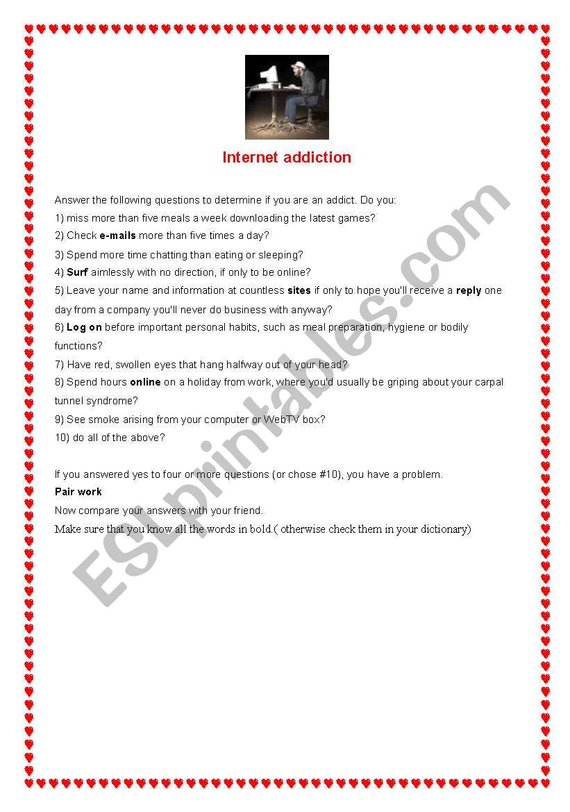 internet addiction worksheet