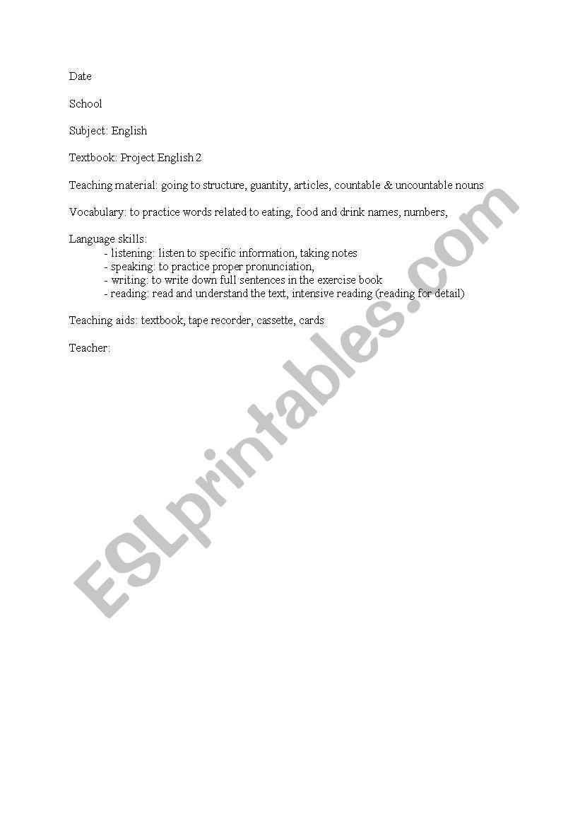 in the restaurant - lesson plan