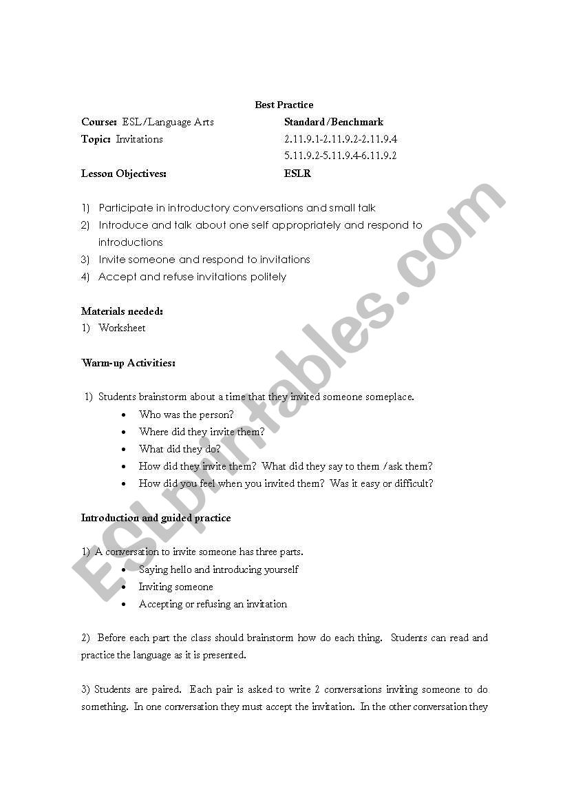 Invitations Role-play worksheet