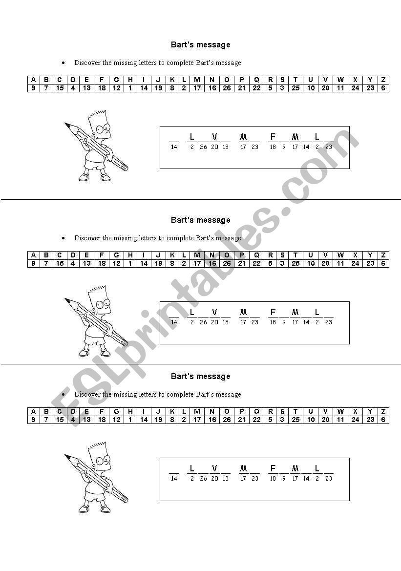 Barts message worksheet