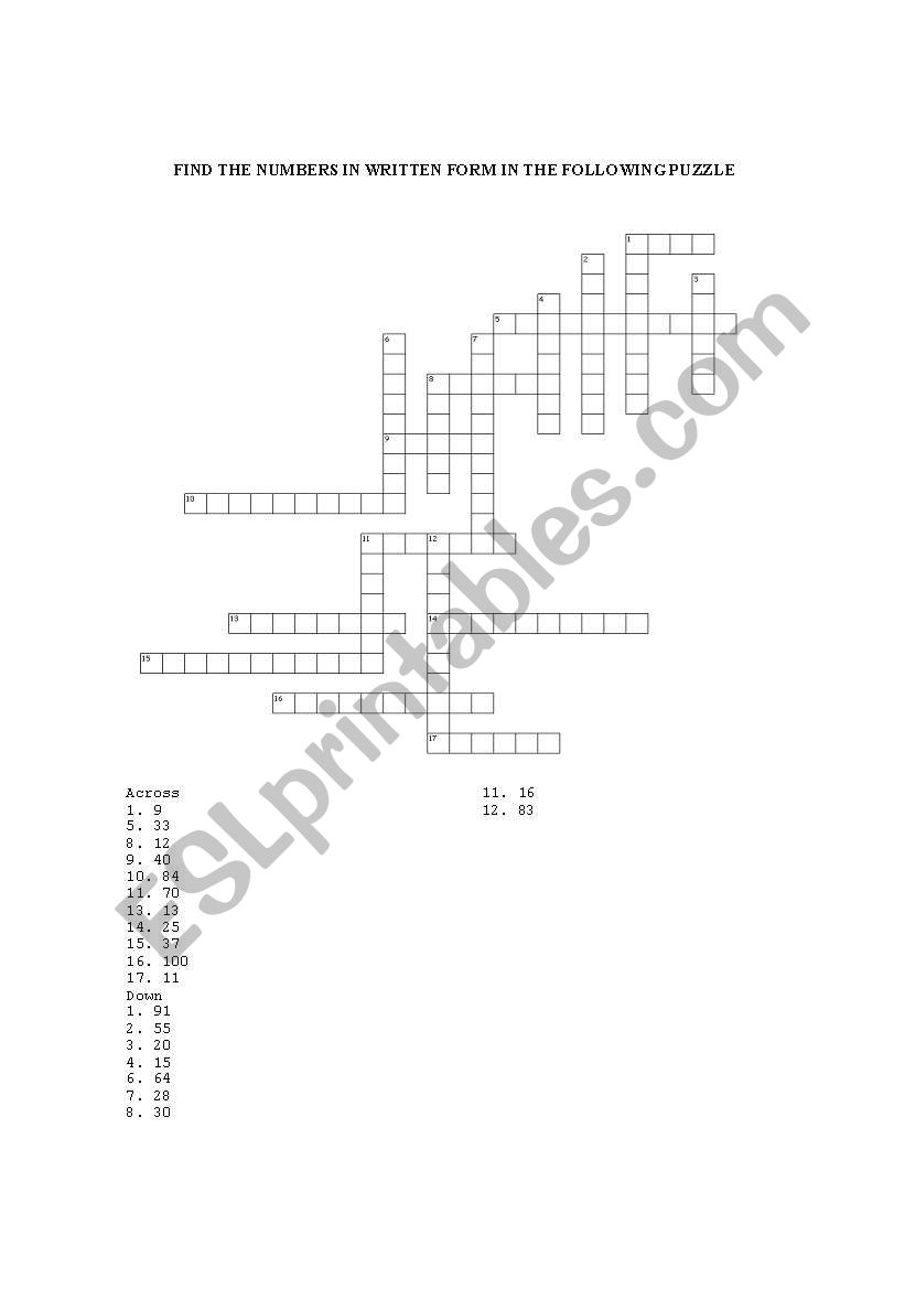 NUMBER PUZZLE FROM 1-100 worksheet