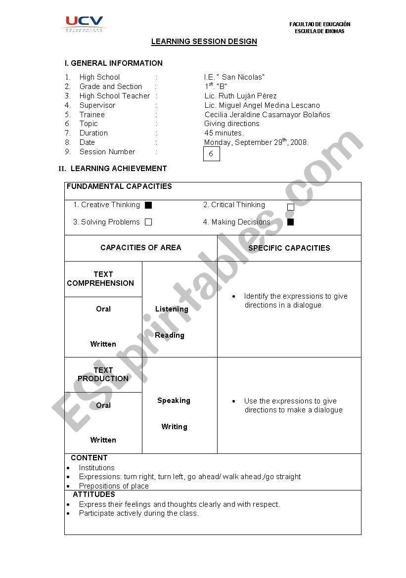 giving directions worksheet