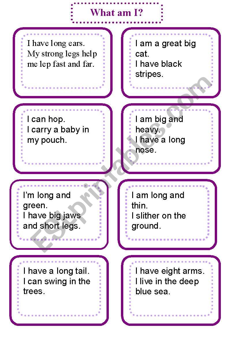 animal description cards worksheet