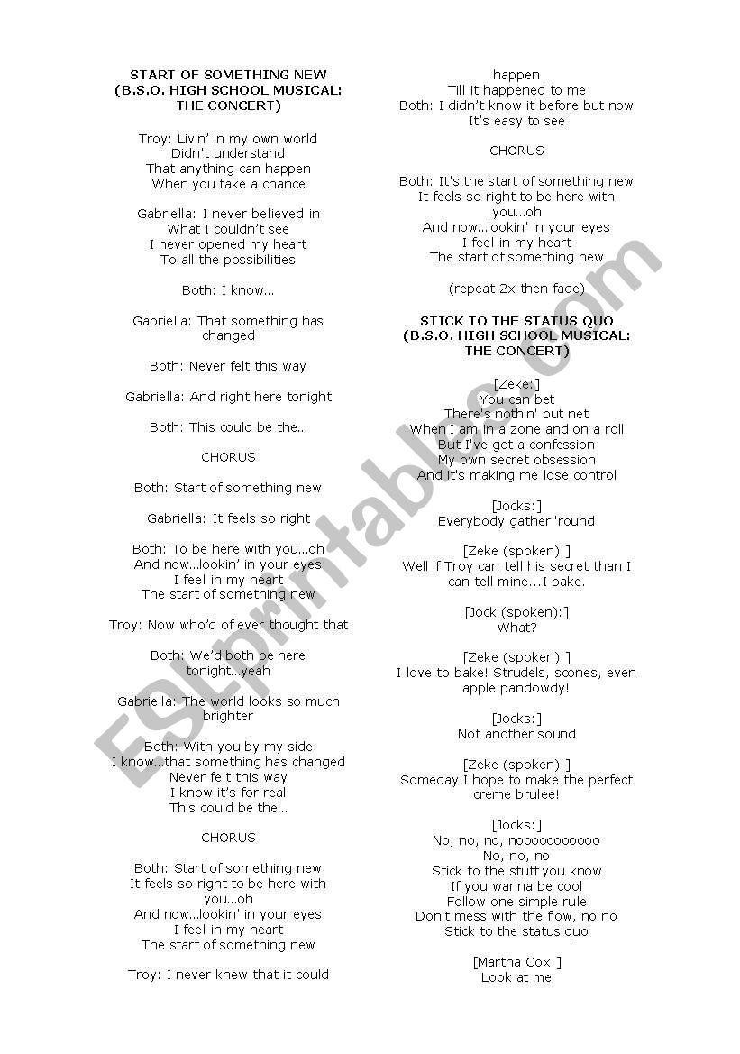 lyrics of high school musical worksheet