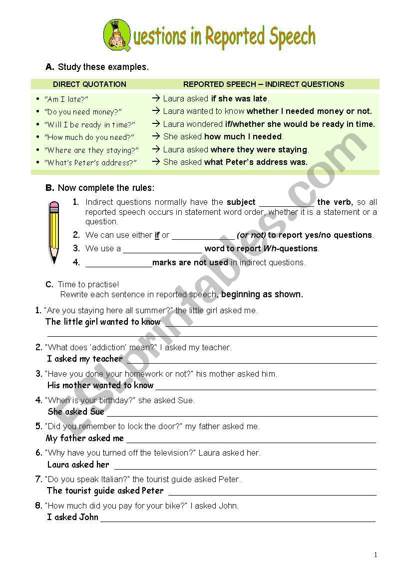 reported speech questions worksheets