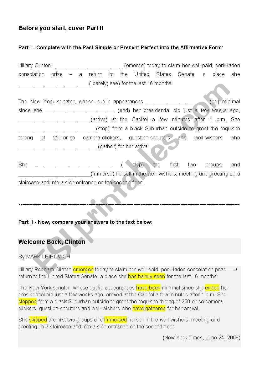 Simple Past X Present Perfect worksheet