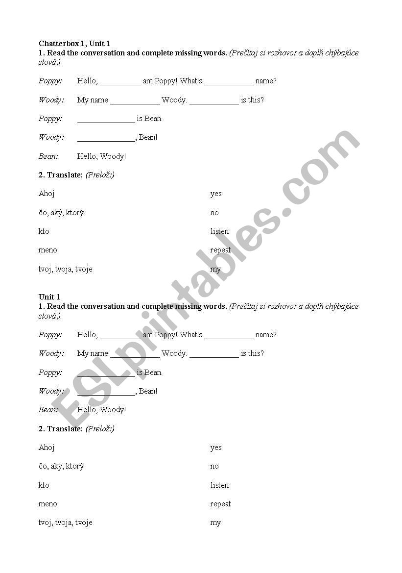 Chatterbox1 Unit1 worksheet