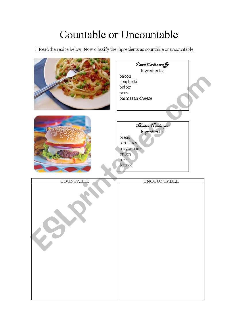 Countable or Uncountable worksheet