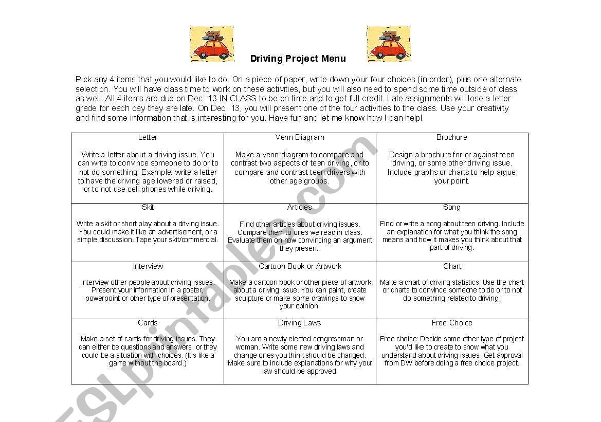 Driving activity menu-activities connected to teen driving