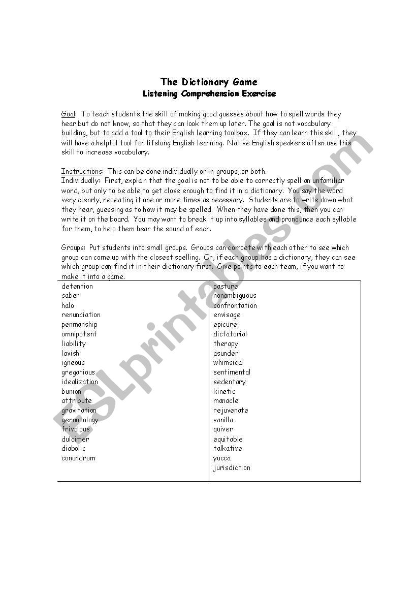 Listening and Spelling worksheet