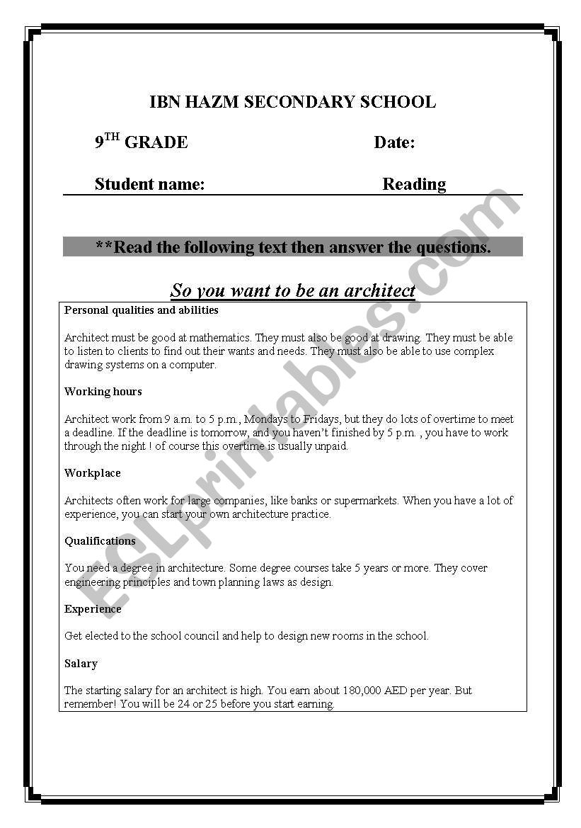 reading worksheet