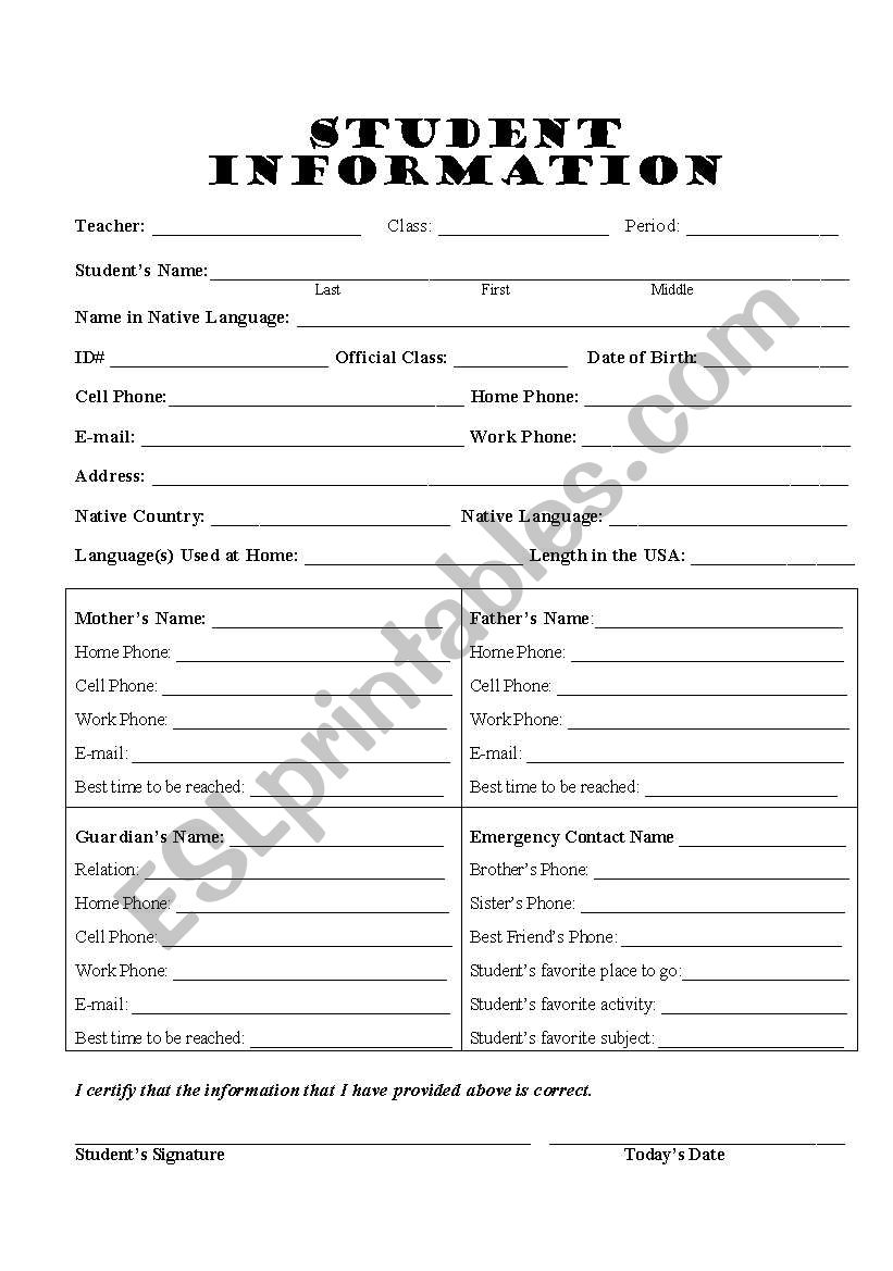 Student Information Form worksheet