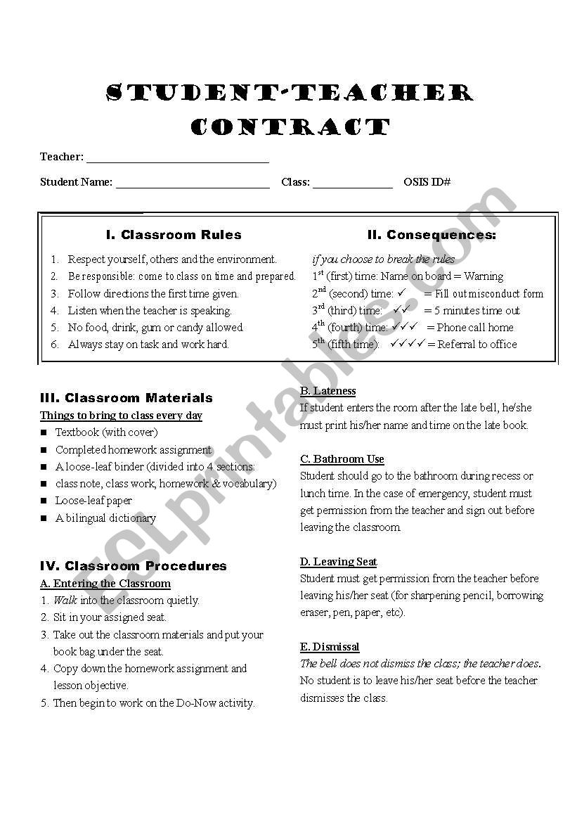 Student Teacher Contract worksheet