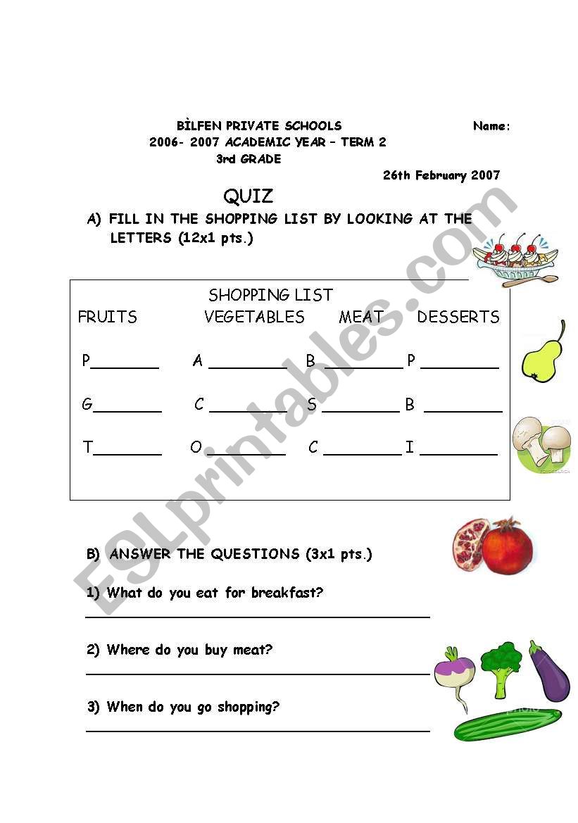 food worksheet