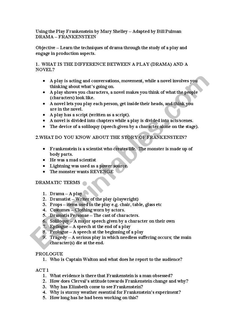 Frankenstein - Drama worksheet