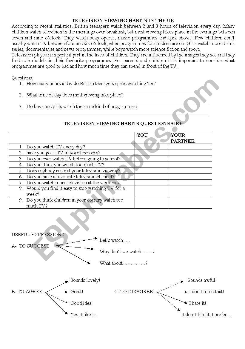 teenagers and television worksheet