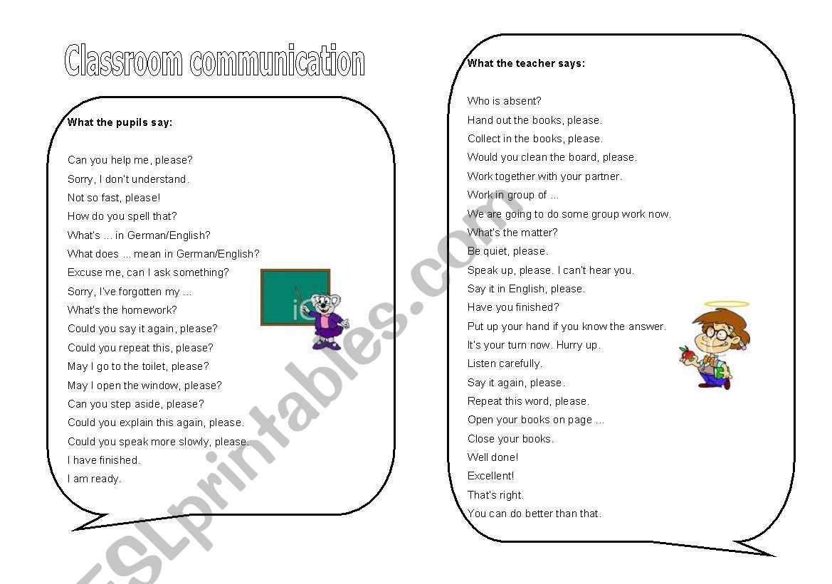 Classroom communication worksheet