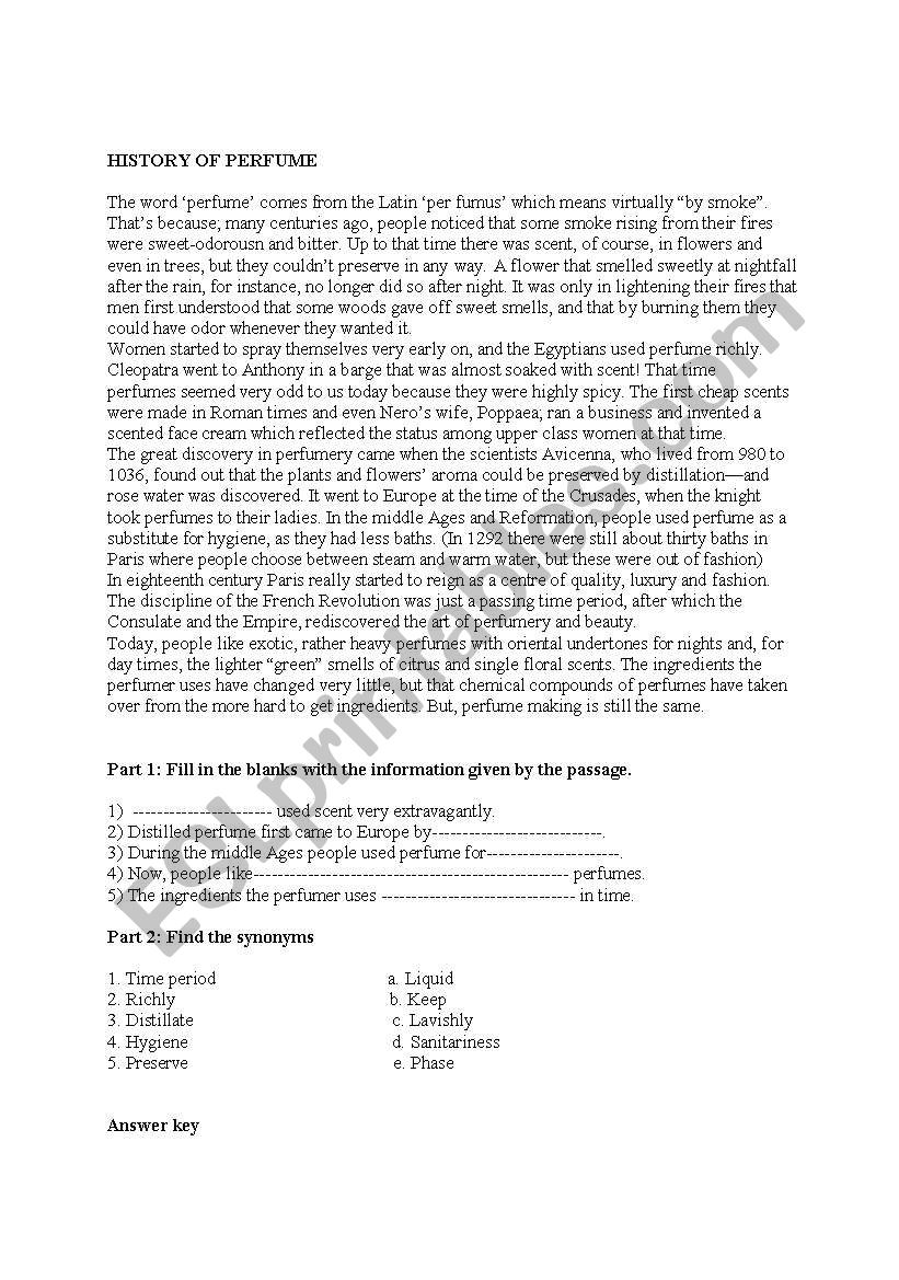 History of Perfume worksheet