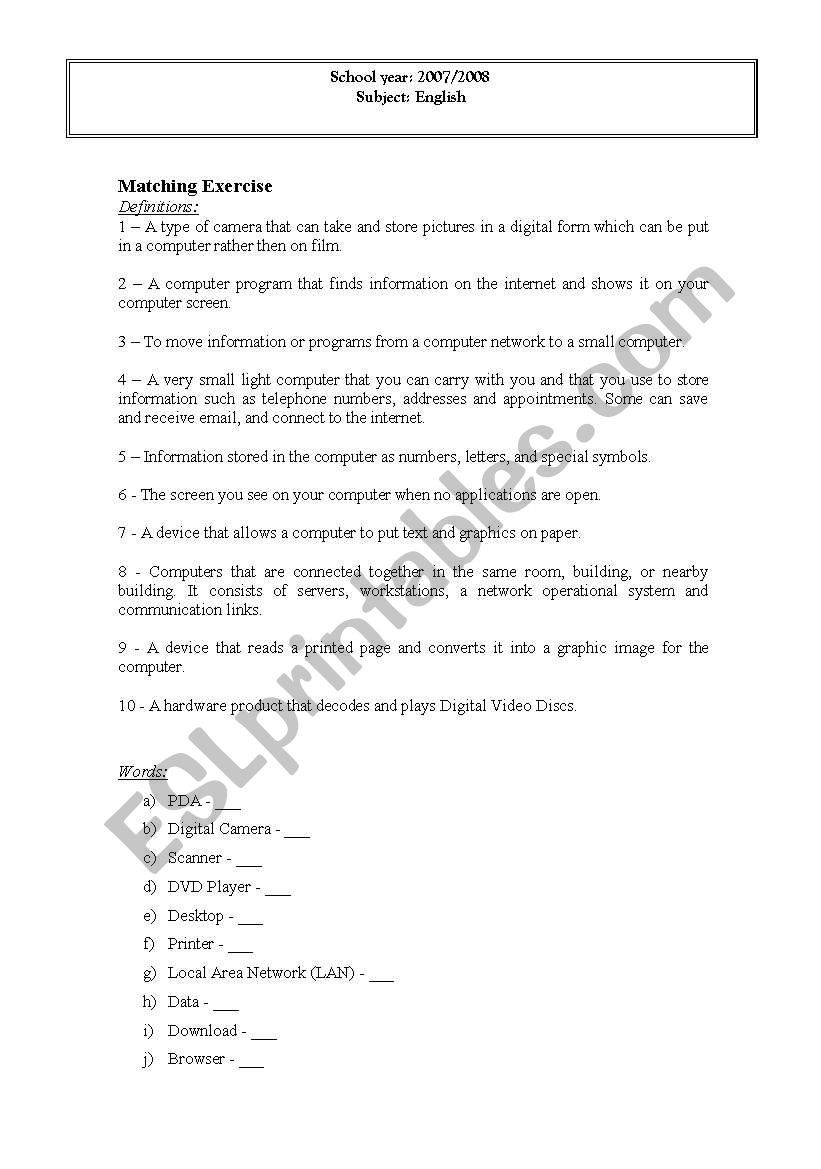 Media - Matching exercise worksheet