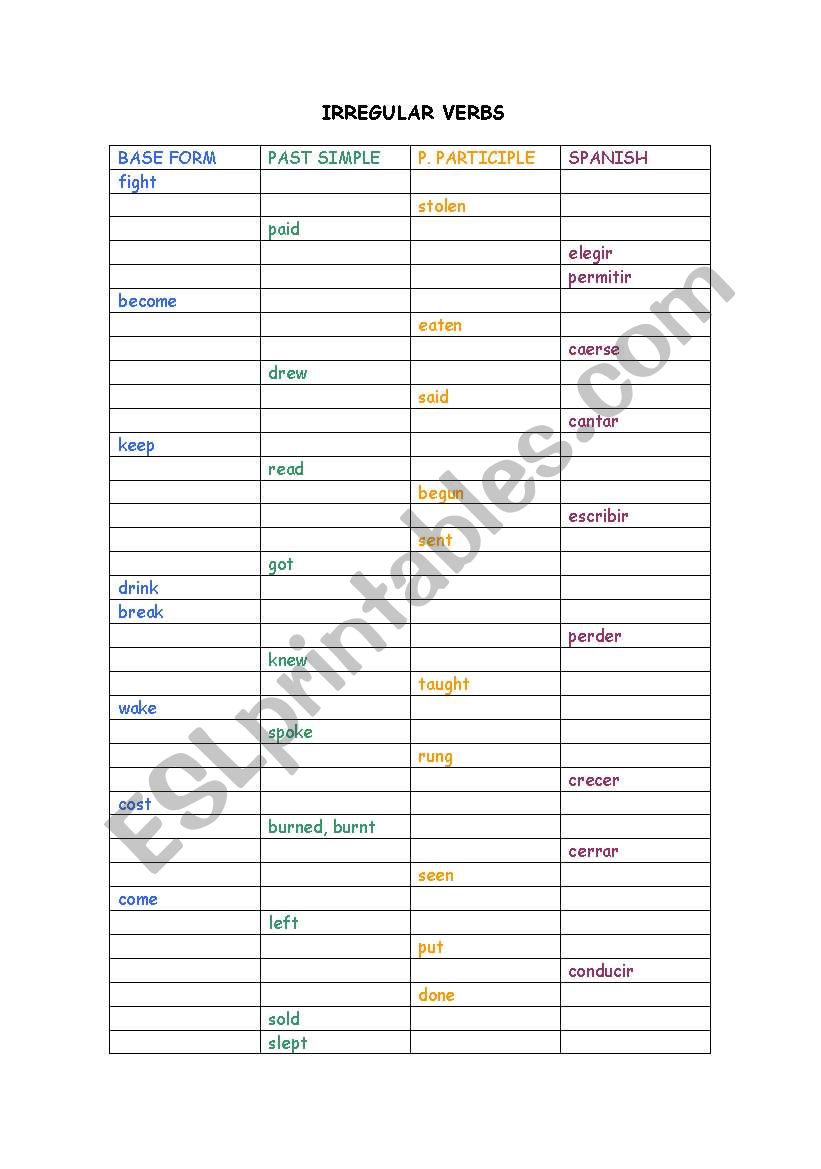 irregular verbs test worksheet