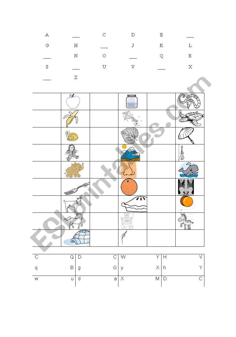 Alphabet Exercise - Fill in missing letters, Identify beginning letters and match upper and lowercase letters