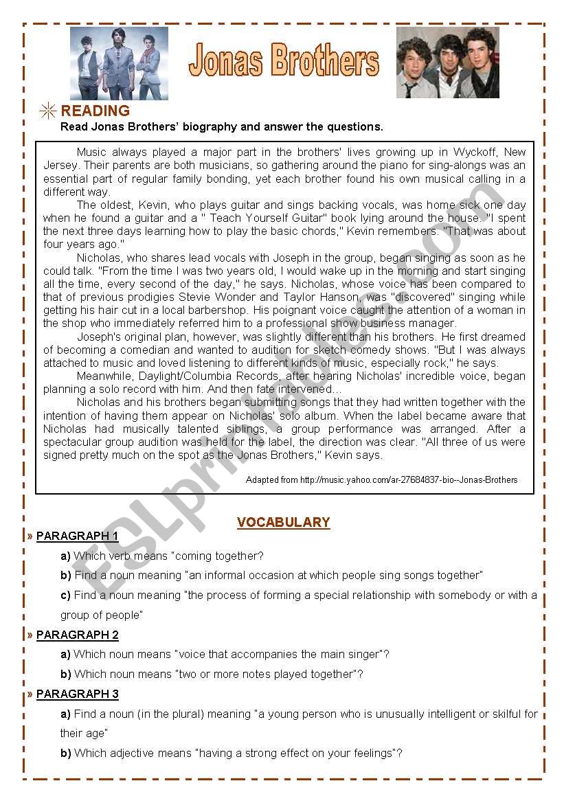 Lesson - Jonas Brothers worksheet