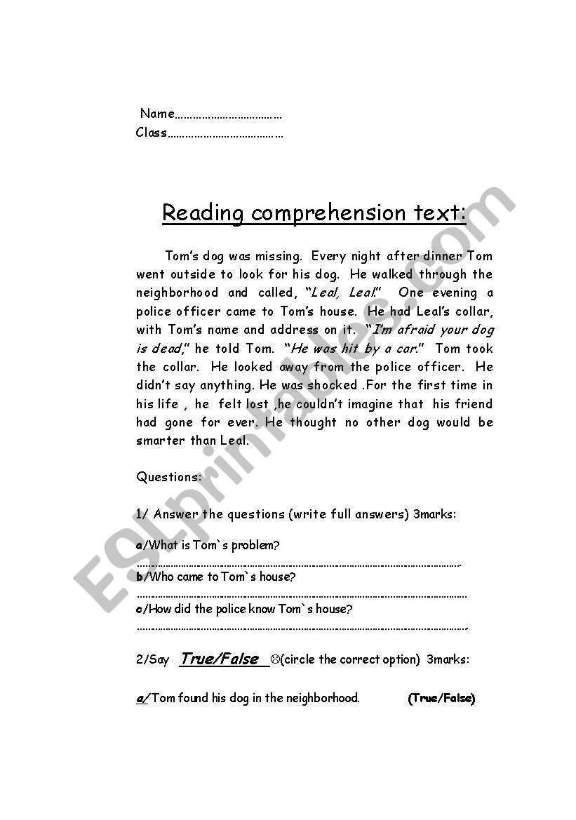 reading worksheet