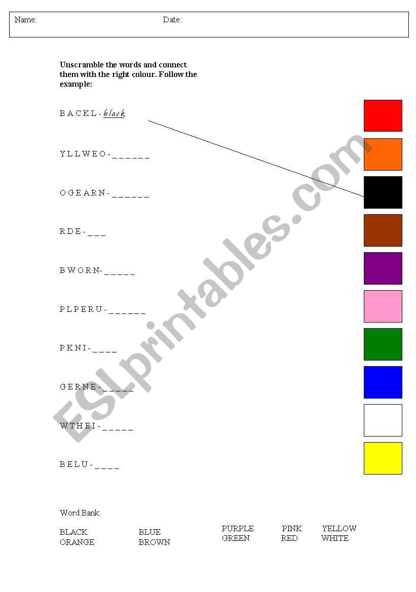 Unscramble and use colours worksheet