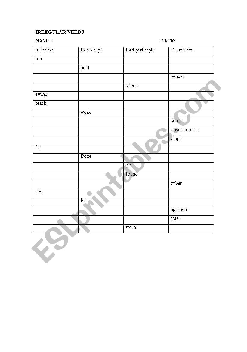 Irregular verbs test worksheet