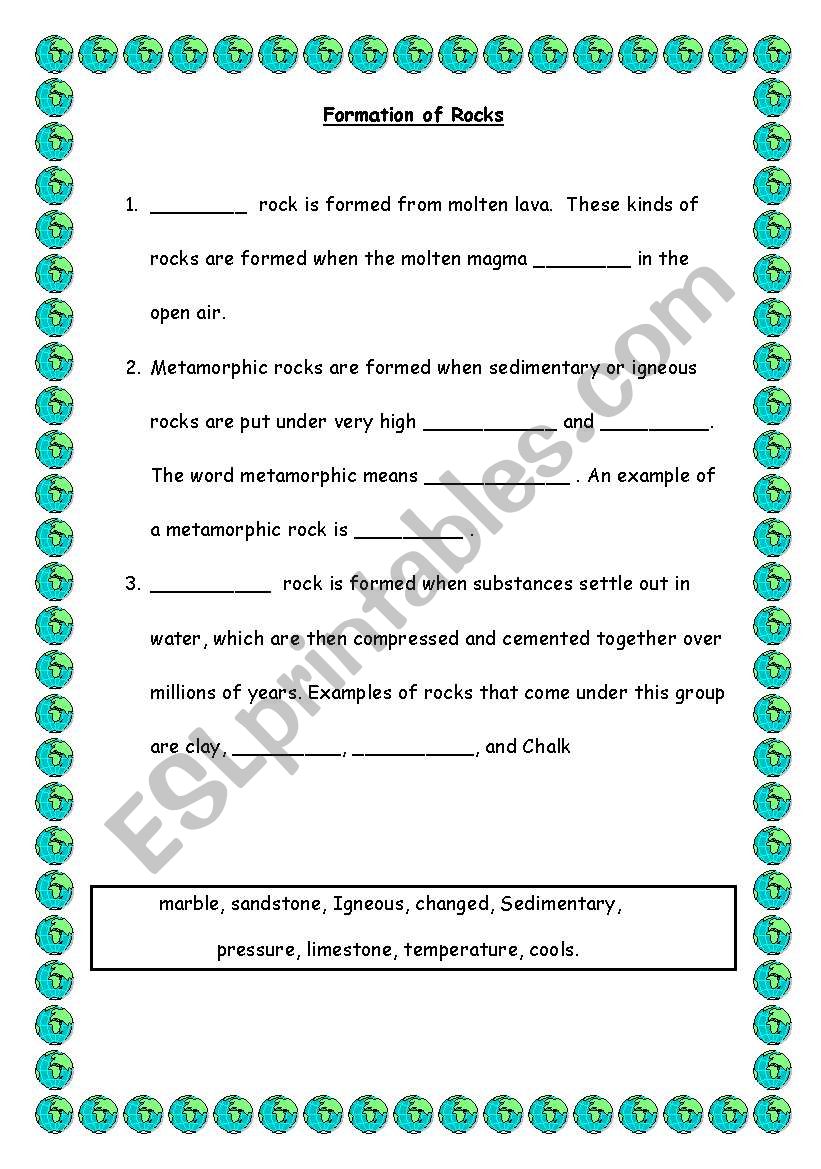 Formation of Rocks Cloze worksheet