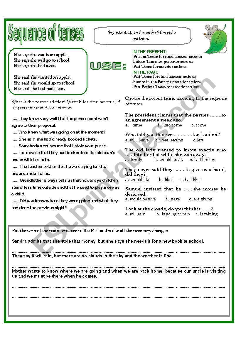 SEQUENCE OF TENSES worksheet