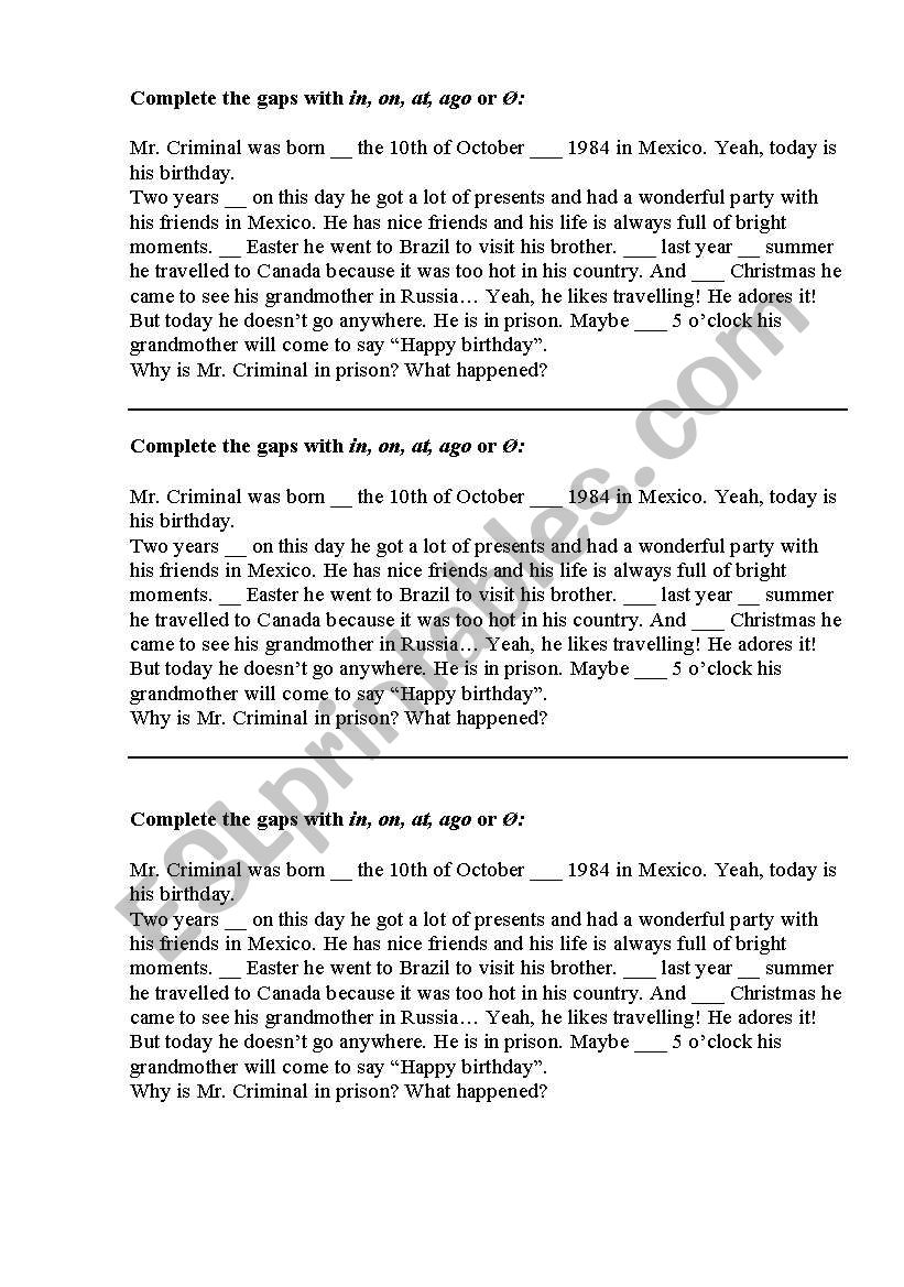 Prepositions of Time worksheet