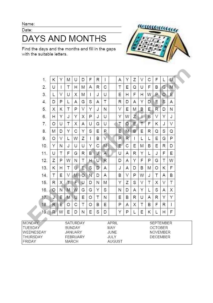 Days Months Alphabet Soup worksheet