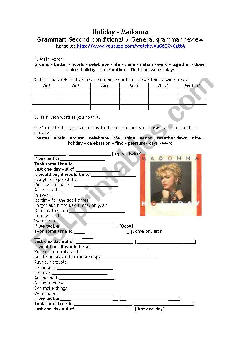 Song: HOLIDAY ( Madonna) worksheet