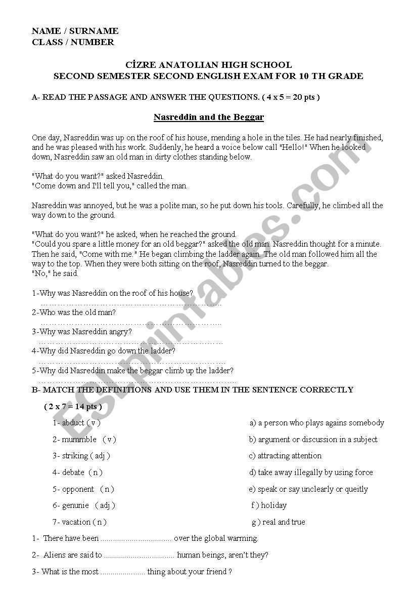 small quiz worksheet