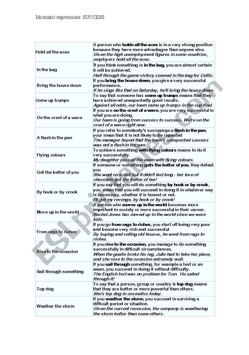 Idioms relation to success worksheet