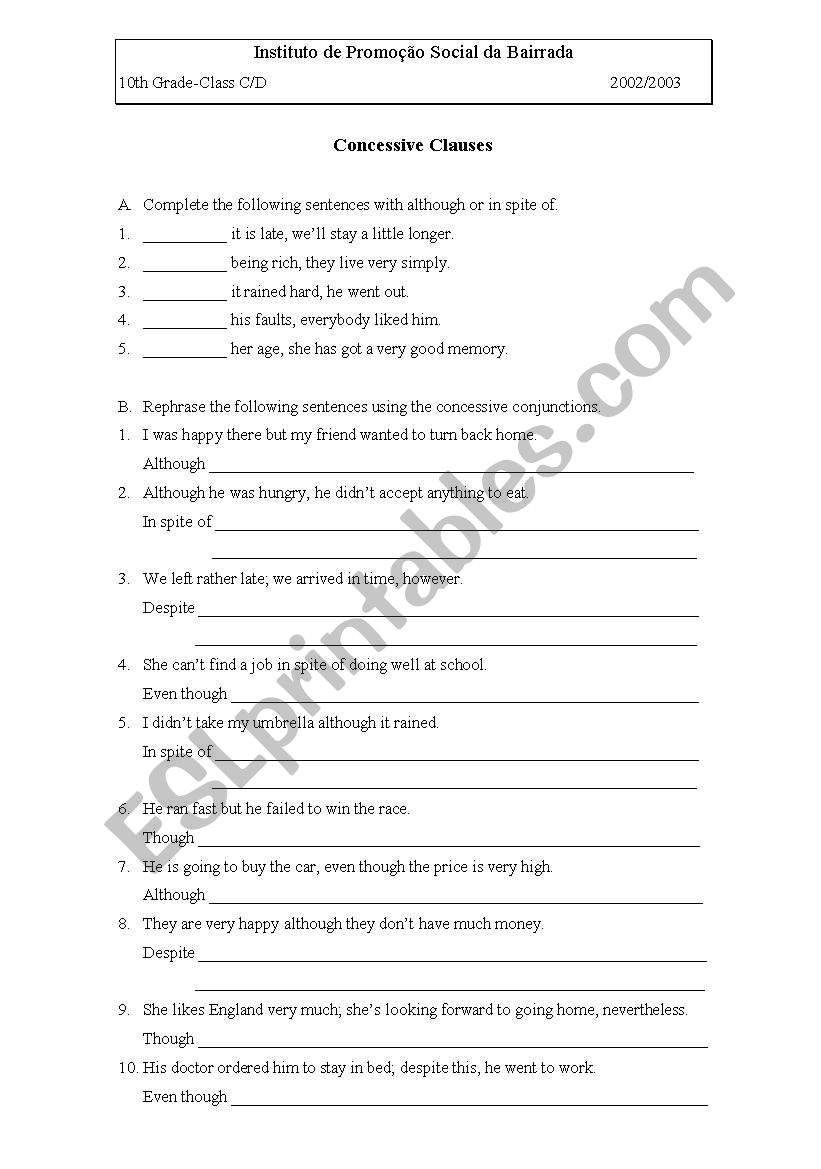 concessive clauses worksheet