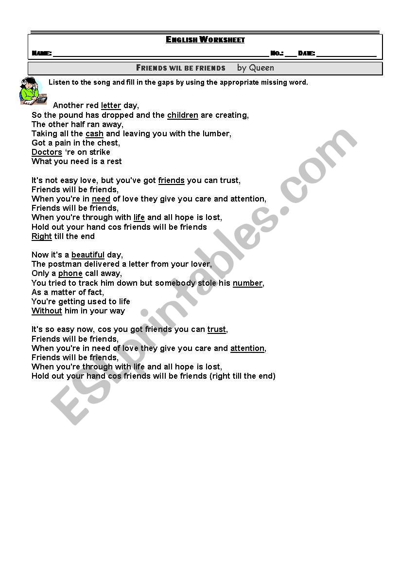 Friends will be friends worksheet