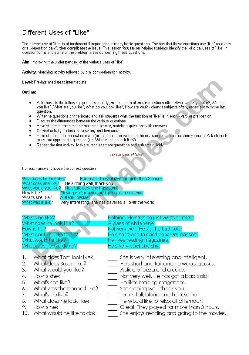 Uses of Like worksheet