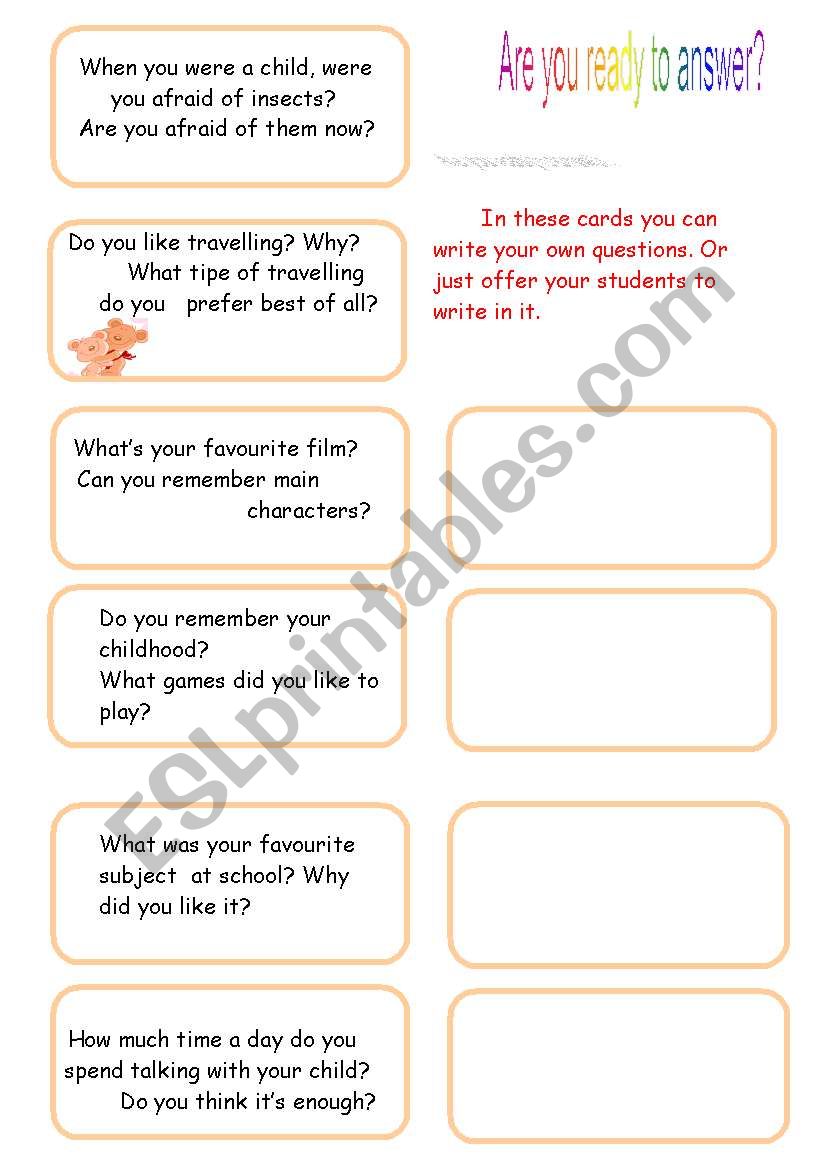 Question cards worksheet