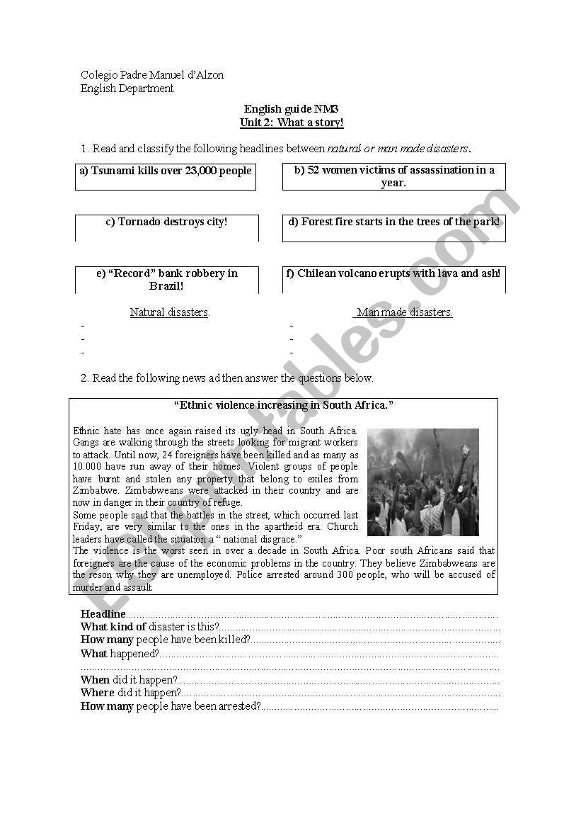 Disasters worksheet