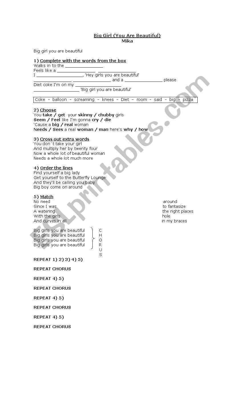 Big Girl  (You are beautiful) worksheet