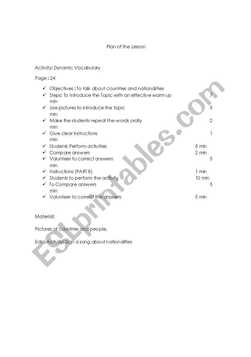 Plan of the lesson Countries and nationalities