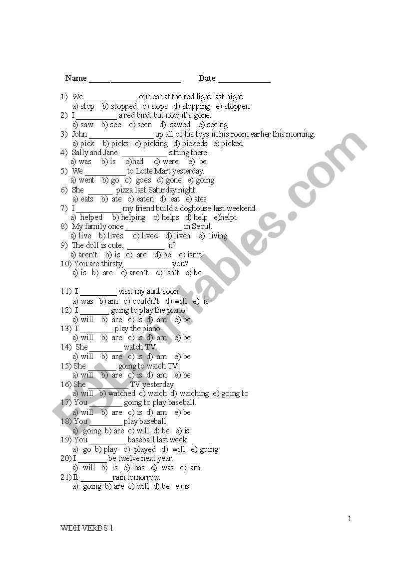 Verbs worksheet