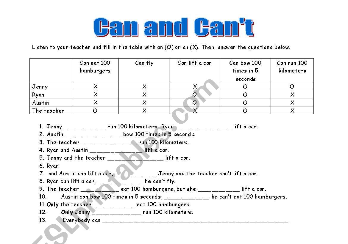 Can and Cant modal verbs worksheet