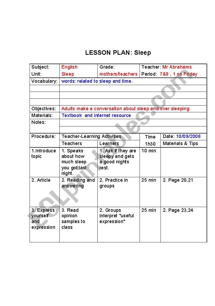 Sleep worksheet
