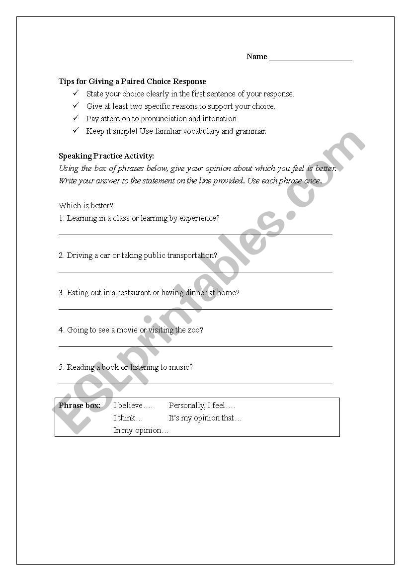 Speaking TOEFL practice worksheet